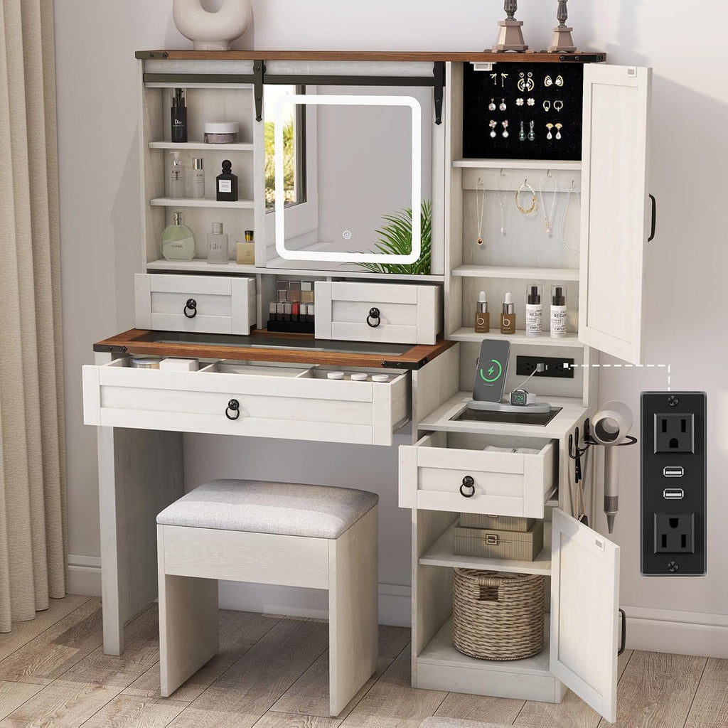 Farmhouse Makeup Vanity Desk with Sliding Mirror and Lights, 42 Wood Vanity Table Set with Glass Top, Power Outlets