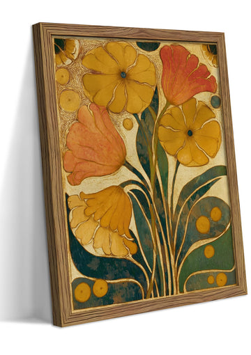 Framed Vintage Botanical Wall Art, Nouveau Mid-Century Floral Canvas Wall Decor Painting, Retro Mustard Yellow Flower