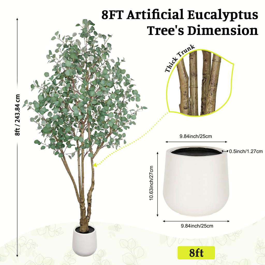 Artificial Eucalyptus Trees with White Planter, 8 FT Faux Eucalyptus Plants Indoor Tall Fake Floor Trees with Silk