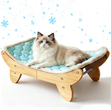 Elevated Cat Bed, Wooden Raised Cat Bed with Ice Cooling Mat