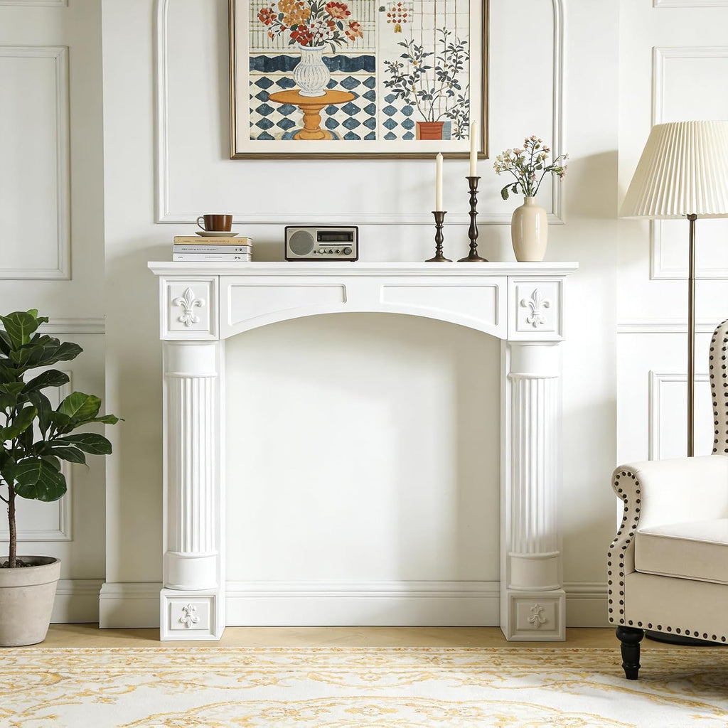 Modern White Freestanding Surround - Waterproof, Anti-Tipping Premium MDF Mantel with Leg for Electric Fireplace