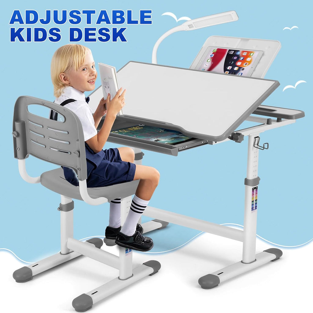 Height Adjustable Kids Desk and Chair Set with LED Light,Drawer