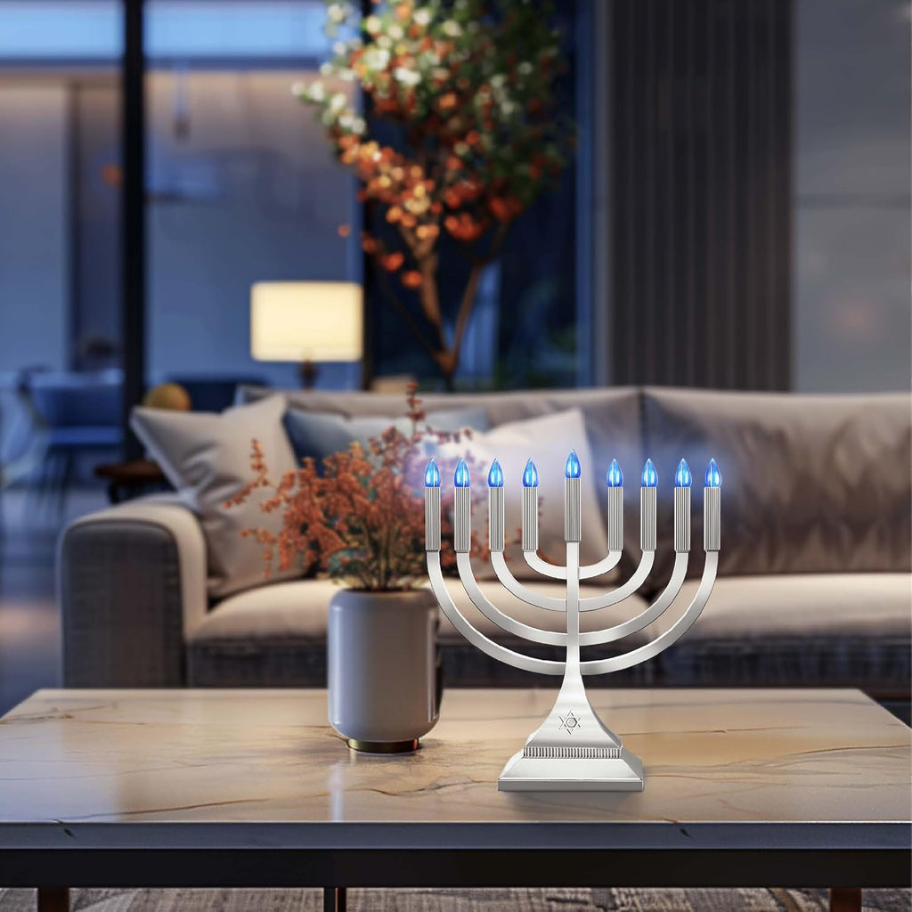 Zion Judaica 9" LED Hanukkah Medium Metallic Silver Battery or USB C Type Powered Flameless Chanukkah Candleholder - Set of 9