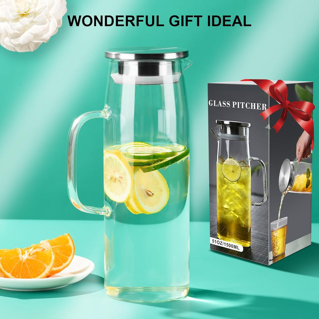 Glass Pitcher with Lid and Spout 50oz/ 1.5L, Hot/Cold Water Pitcher, Iced Tea Pitcher for the Shelf of Fridge, Easy