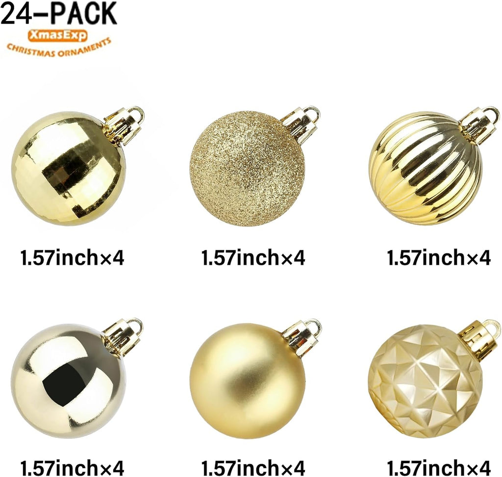 Gold Christmas Ornaments for Tree Decorations, Small Shatterproof Christmas Ball Ornaments Set, Perfect Plastic - Set of 24