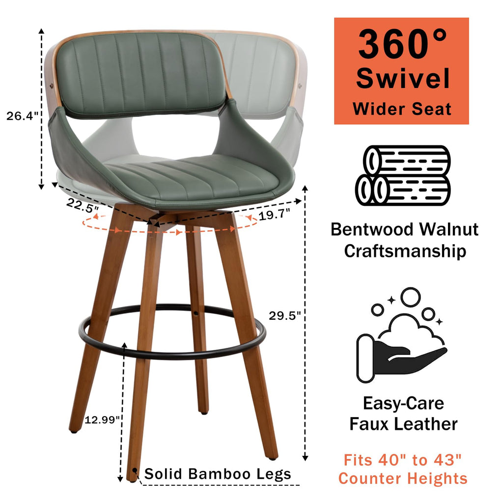 Set of 4 Bar Height Stools - 29.5 inch Mid Century Swivel Bar Stools with Upholstered Faux Leather, Walnut Crafts