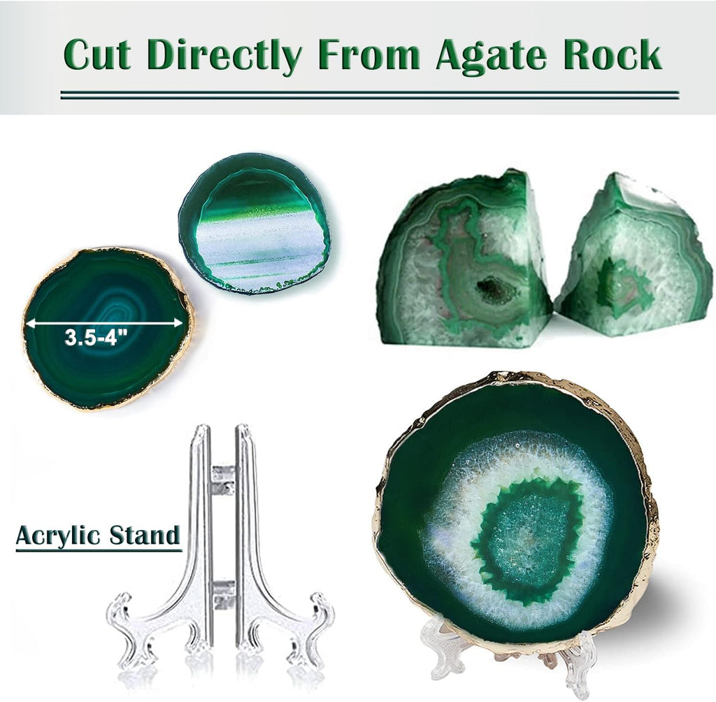 Green Agate,Natural Geode Coasters with Agate Slices and Gold Rim - 4 x 3.5" - Gemstone Coasters for Drink - Set of 4