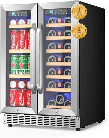 Wine and Beverage Refrigerator with Glass Door, 24-Inch Dual Zone Wine Fridge Un