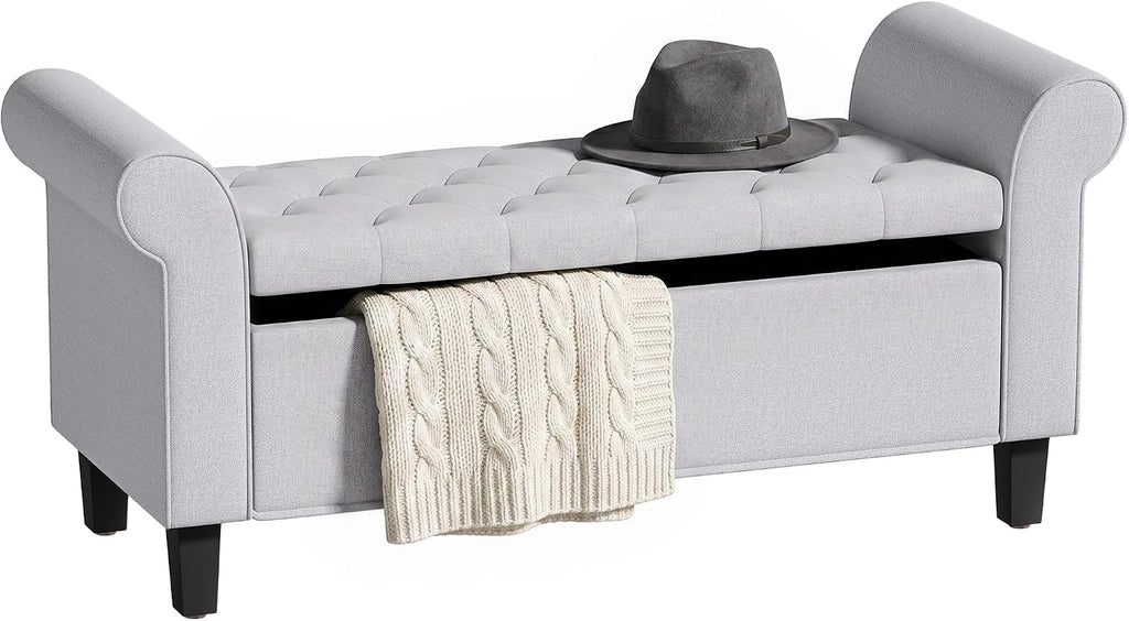 47" Ottoman wih Storage End of Bed Bench with Rolled Arms Light Gray | Storage Chest, Safety Hinge, Wooden Legs