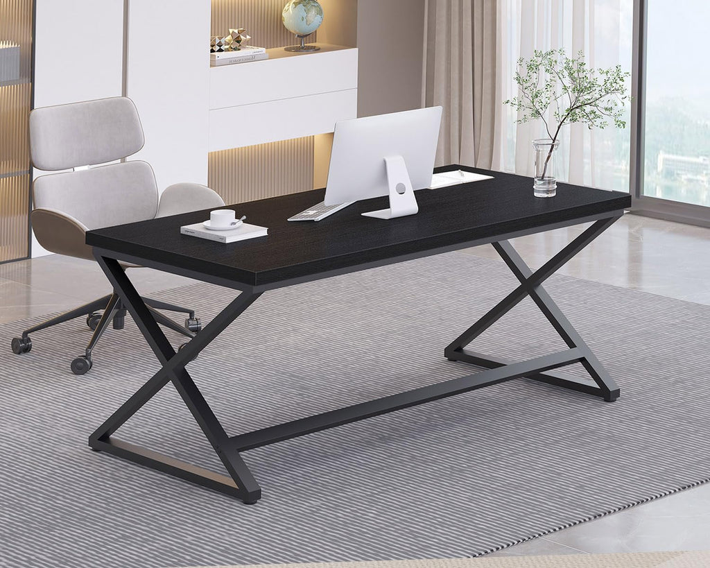 60 in Black Computer Desk Work Writing Study, Black Oak | Modern Simple Home Office Work Desk , Industrial Wood Metal