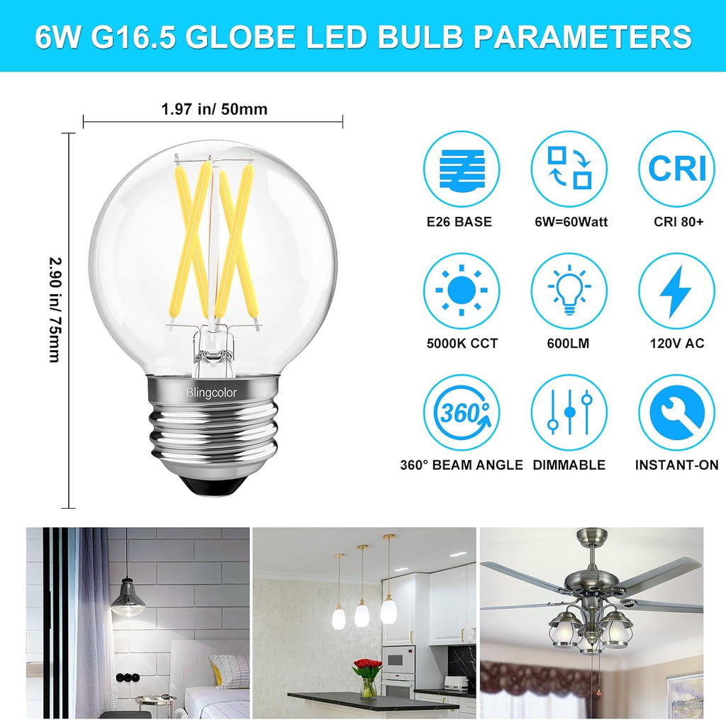 E26 Dimmable G16.5 LED Light Bulbs Daylight 5000K 60 Watt Equivalent