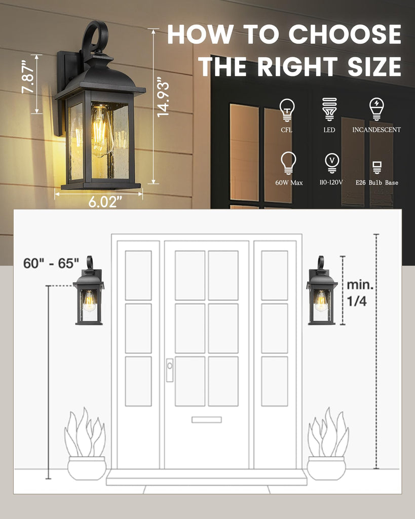 Dusk to Dawn Outdoor Wall Sconce, 15" Matte Black Seeded Glass Outdoor Sconce Lights, Front Porch Light Fixtures Wall