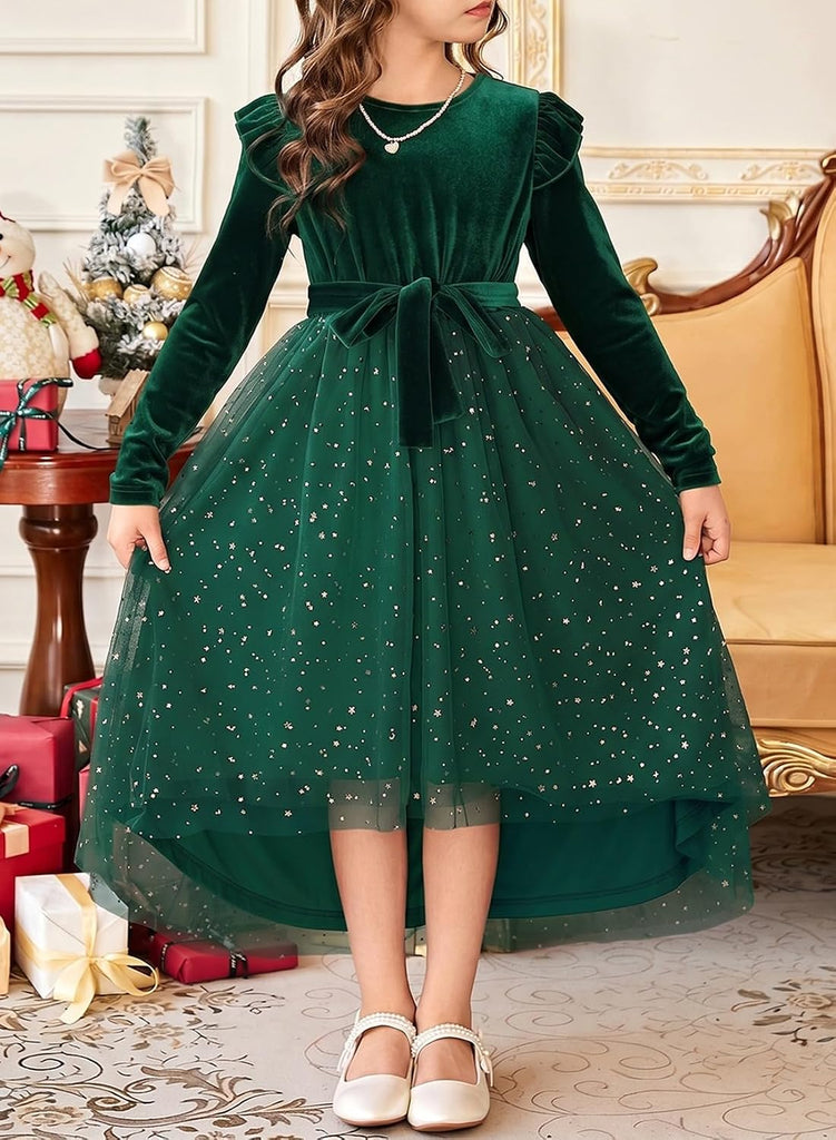 Girls Long Sleeve Velvet Ruffle Mesh Formal Dress