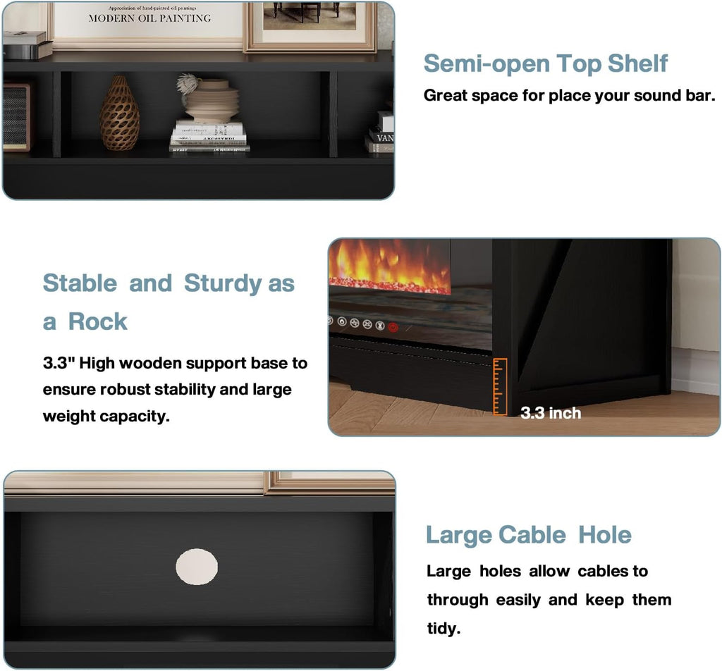 65" Fireplace TV Stand with 60" Glass Electric Fireplace for TVs Up to 75 inch, Modern Fireplace Entertainment Center