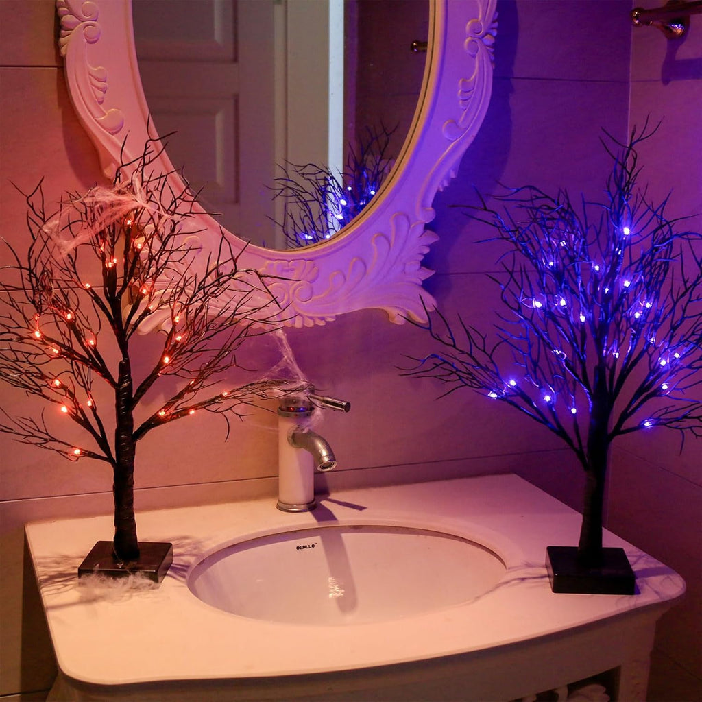 Halloween Tree, Black Tree with Orange Purple Bi-Color Led Lights 6 Functions, USB & Battery Operated Lighted - Set of 2