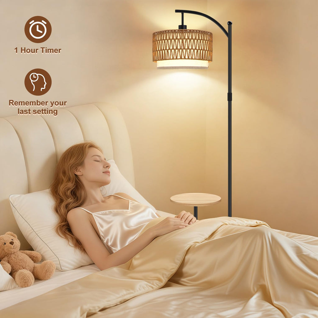 Arc Rattan Floor Lamp with Table Dimmable 3 Color Temp