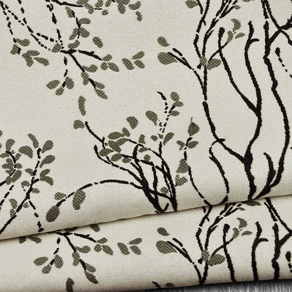 Black Grey Branch Leaf Upholstery Myla Ebony Fabric