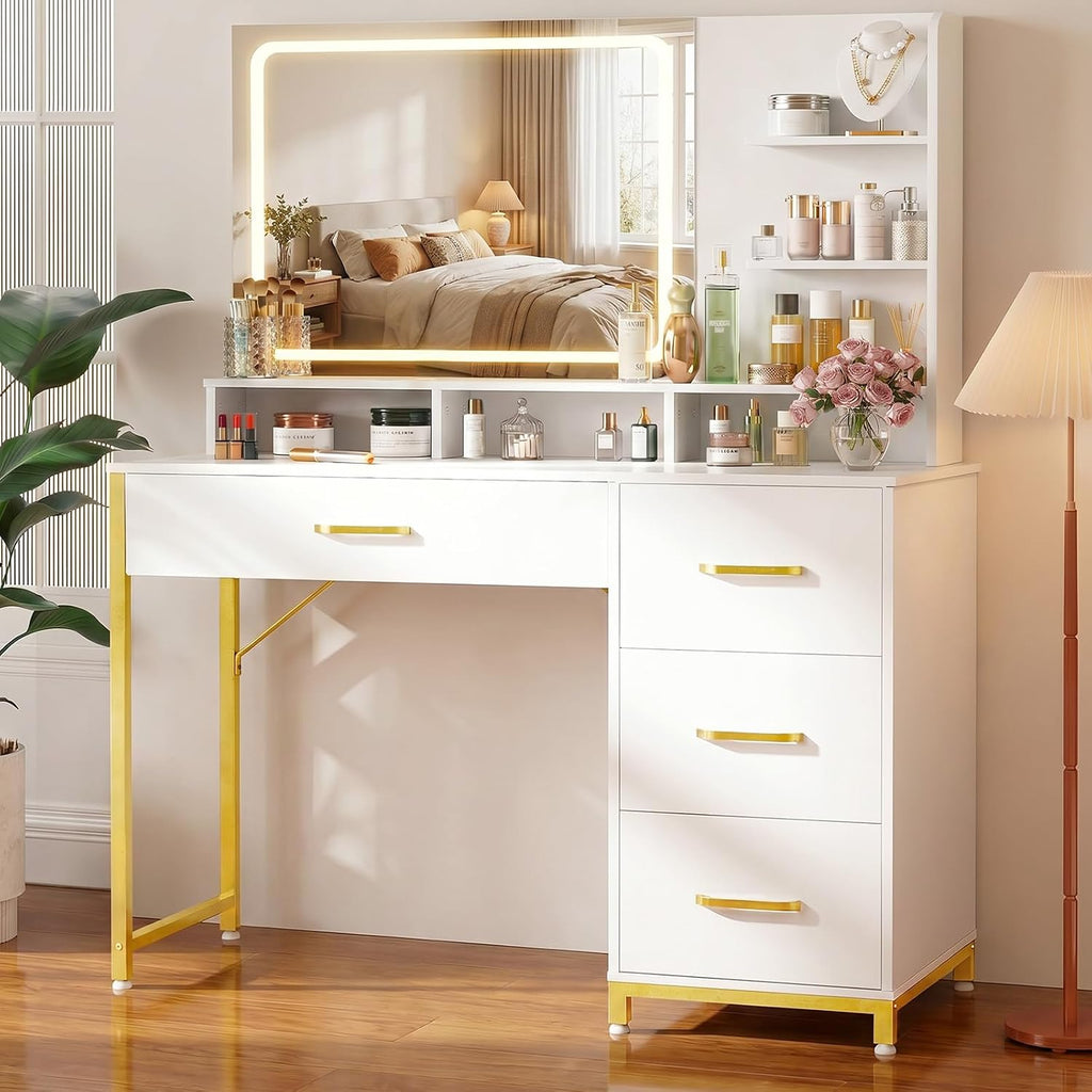 Vanity Desk with LED Lights Mirror, Makeup Vanity with Storage Drawers and Shelves, Modern Dressing Table for Women