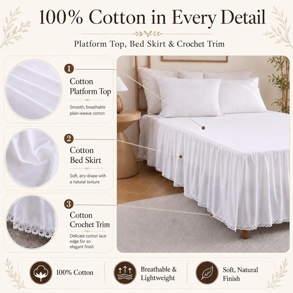 Twin Bed Skirt 18 Inch Drop White - Ruffled Dust Ruffle with Lace Trim, 100% Cotton Soft Breathable Bed Skirt for