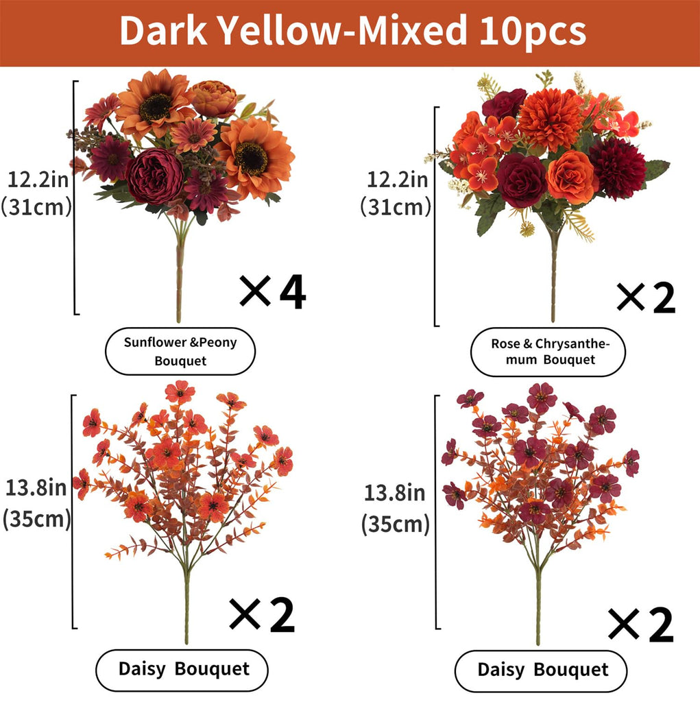 Mixed 10 Pcs Fall Artificial Sunflower Peony Bouquet, Burnt Orange Burgundy Silk Faux Flower, Autumn Faux Floral