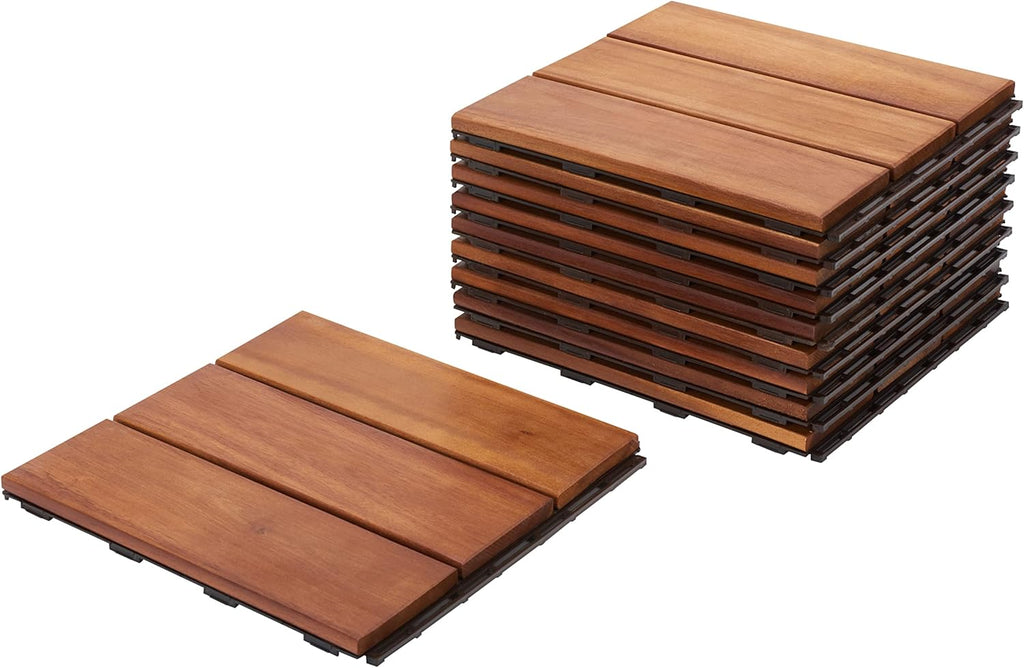 Outdoor Collection Manila Natural Acacia Wood 3-Slat Interlocking Floor Tile Patio Deck 12 x 12-inch (Set of 10)