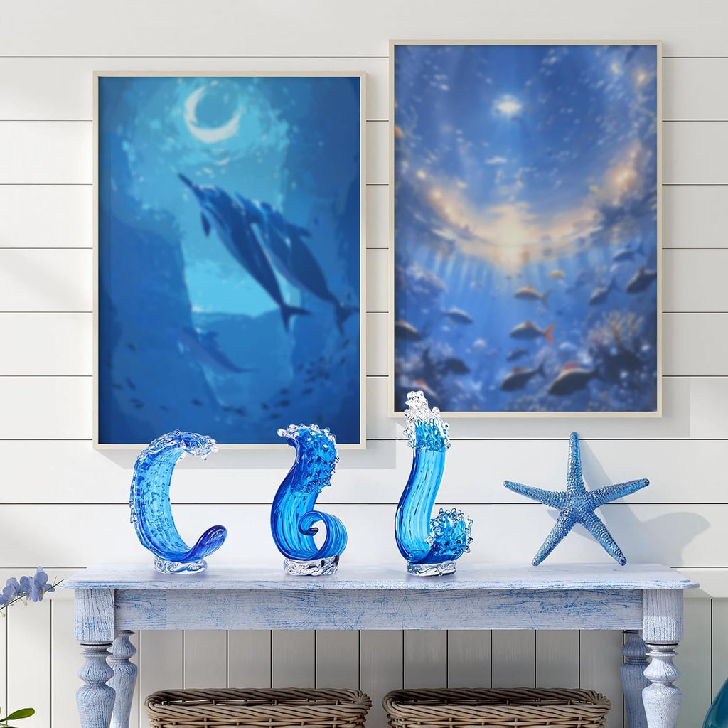 Blue Glass Sculpture Home Decor, Hand Blown Glass Art Statue, Glass Ocean Waves Home Living Room Decorations