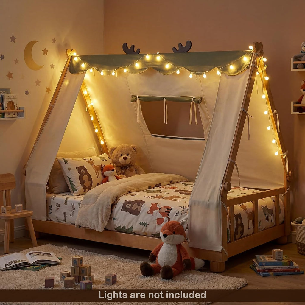 Twin Floor Bed for Kids, House Wood Bed Frame with Tent, Window, Fence Guard Rails, & Wooden Slat Support, No Box