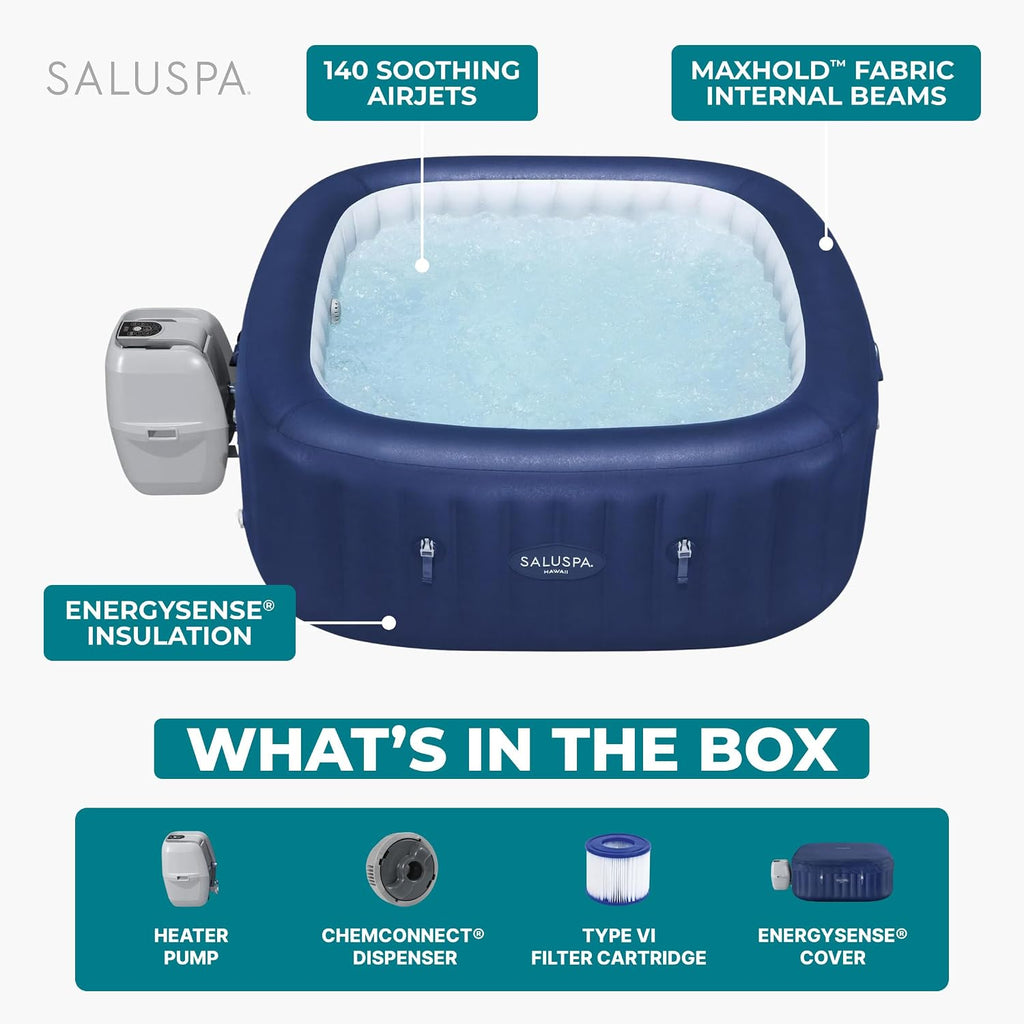SaluSpa Hawaii AirJet 4-6 Person Inflatable Hot Tub w/EnergySense Cover & App Control, 71"x28" Bundled w/SaluSpa
