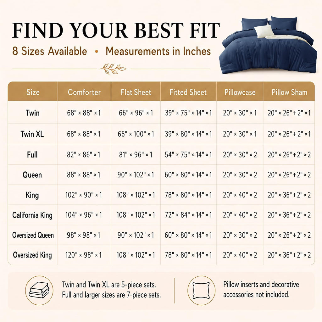 Oversized Comforter Set Navy, 7 Pieces Bed in a Bag