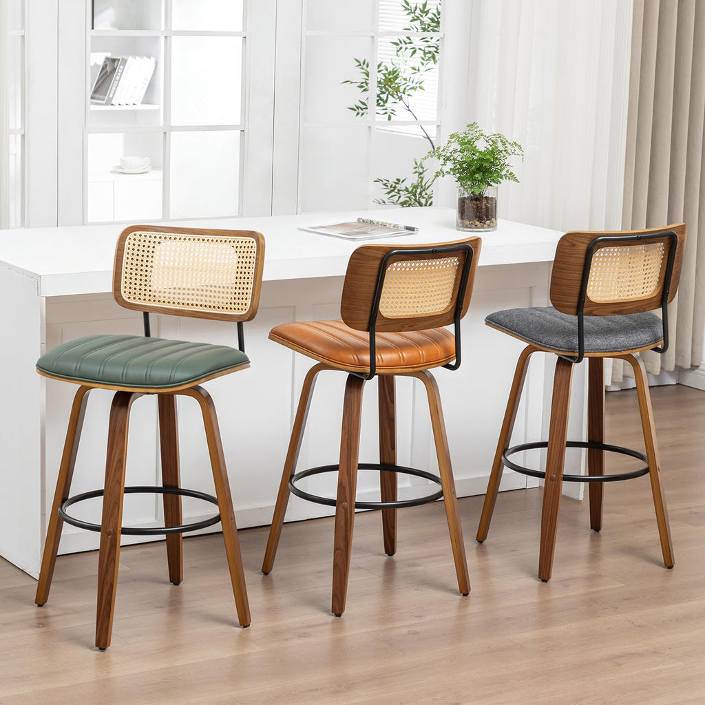 Mid Century Modern Bar Stools, Rattan Swivel Bar Stools with Curved Back