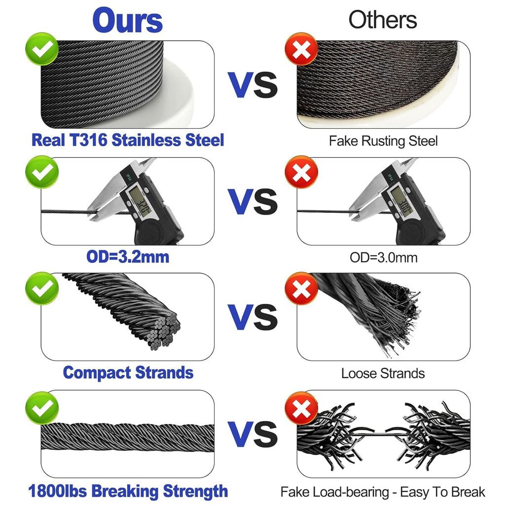 300FT 1/8" Black Stainless Steel Cable for Railing, T316 Stainless Steel Marine Grade Wire Rope for Deck Cable