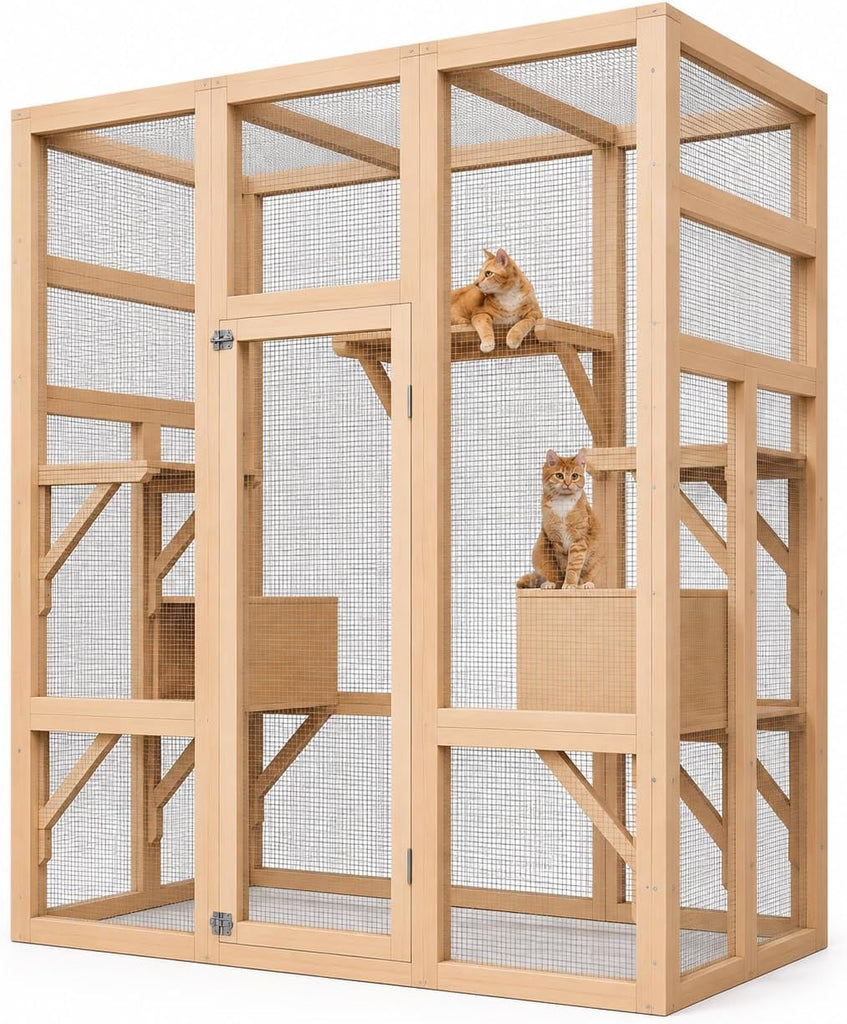 70" Catio Outdoor Cat Enclosure, Wooden Patio Cat House, Natural