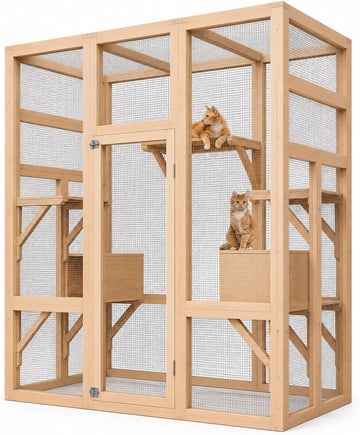 70" Large Catio Indoor Cat Enclosure, Wooden Patio Cat House, Natural