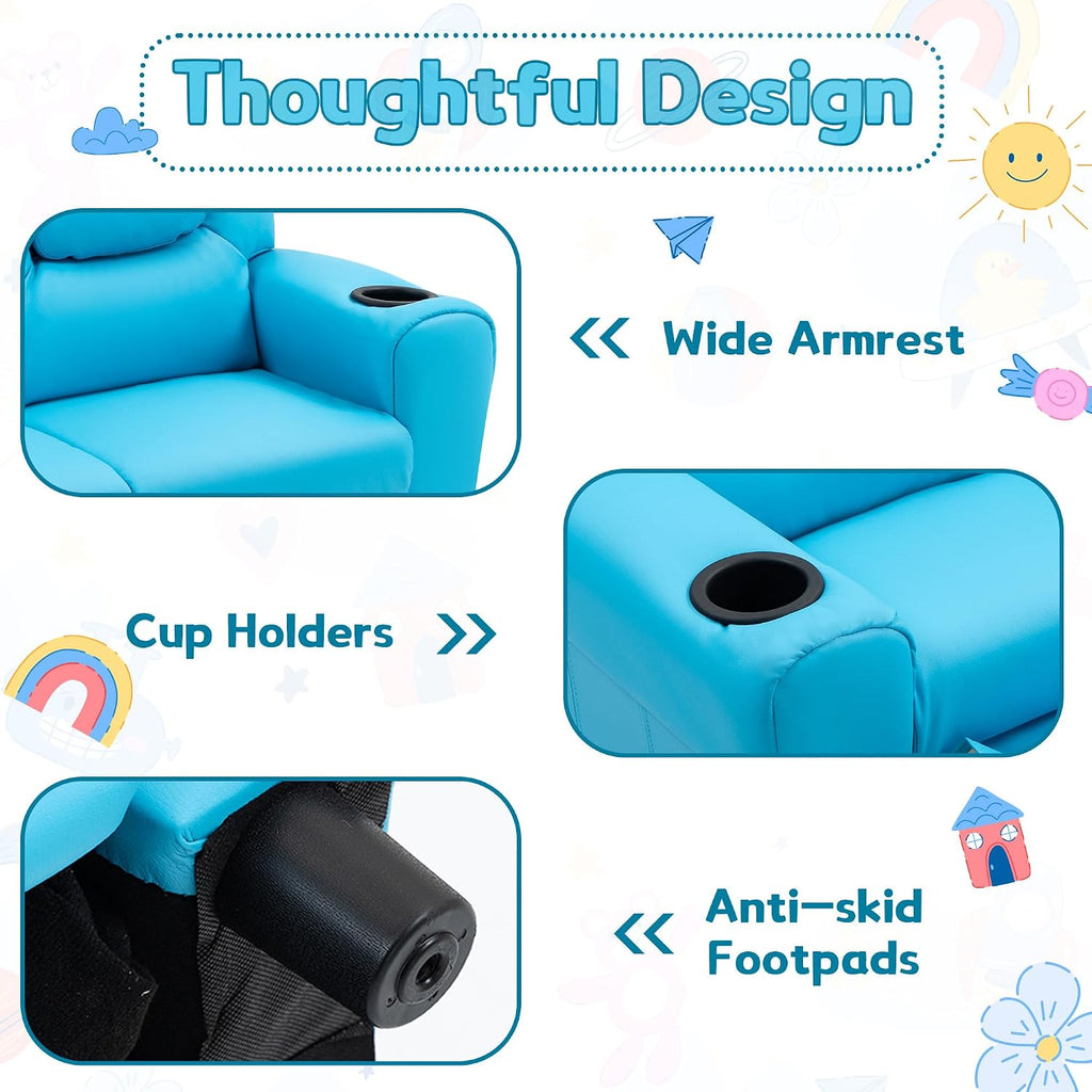 Toddler Recliner, Double Children Couch with Cup Holder, PU Leather Kids Sofa, Kids Loveseat w/Adjustable Footrest &