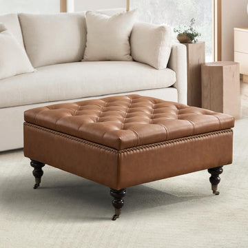 Square Ottoman Coffee Table, Large Leather Ottoman with Storage | Oversized Footstool, Wood Caster Wheels, Brass