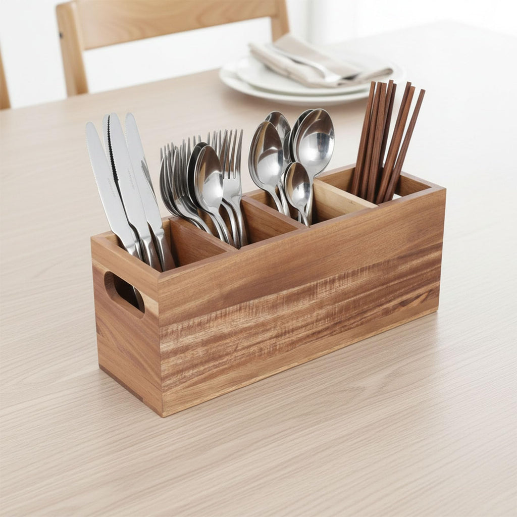 Silverware Holder,Acacia Wood Utensil Holder for Countertop,4 Compartment Silverware Caddy Organizer,Large Silverware