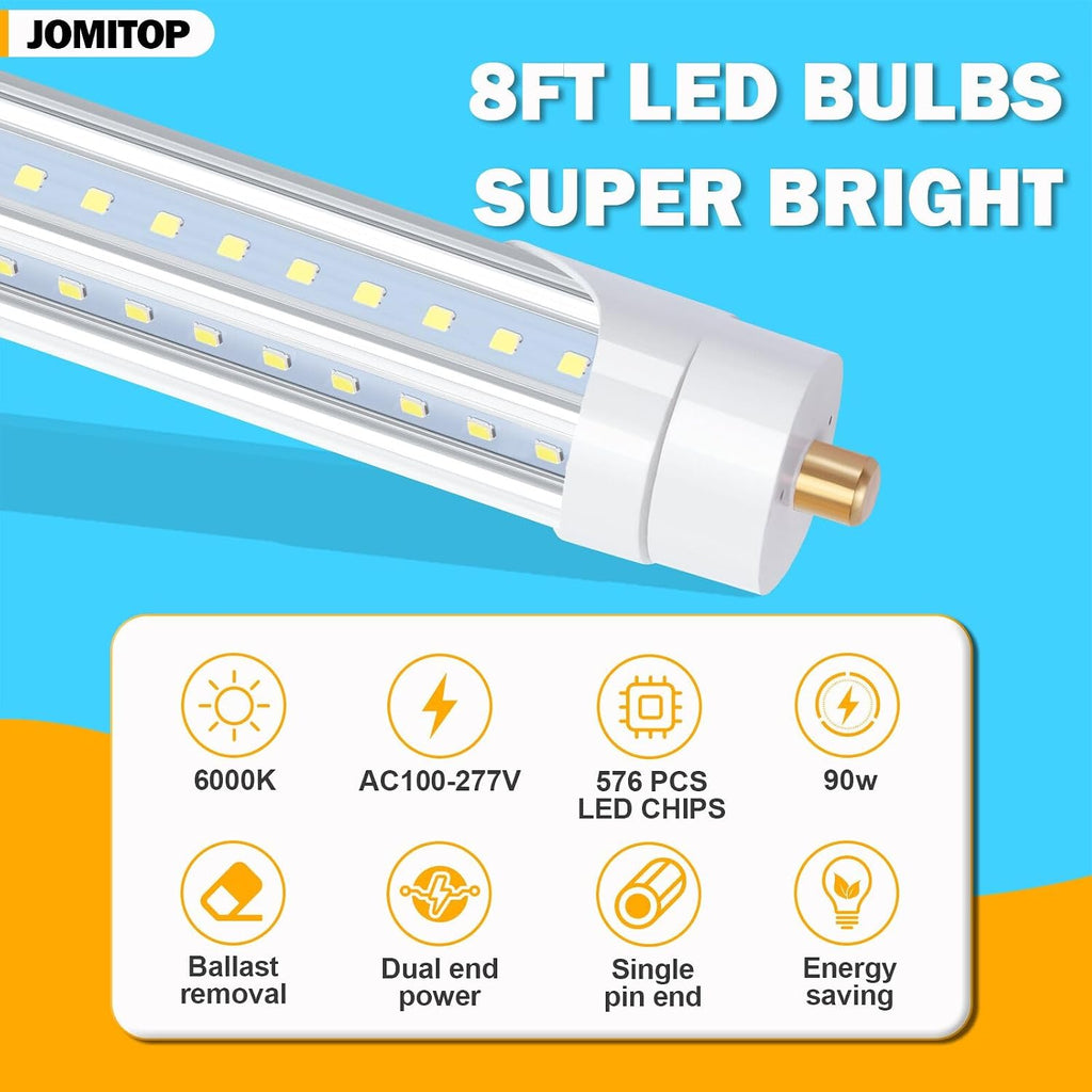 T8 V Shaped 8FT LED Tube Light,Need Bypass Ballast,90W Single Pin FA8 Base 6000K Cold White, 8 Foot (Replace 180W