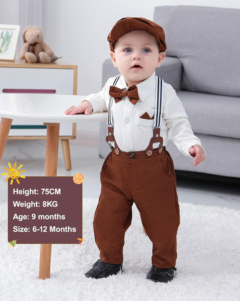 Baby Boy Clothes Set Infant Tuxedo Long Sleeve Gentleman Suit Outfits + Beret Hat + Suspender Pants + Bowtie