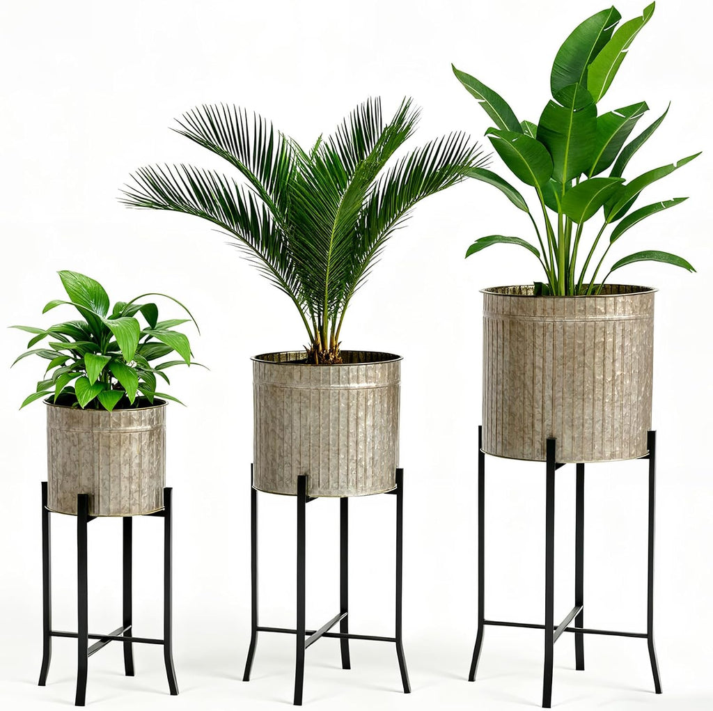Set of 3 Planters with Stand, 23'' 27'' 37'' H Corrugated Galvanized Planters Pot with Removable Stand Farmhouse