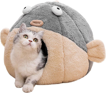Cat Beds for Indoor Cats-Cat Bed Cave, Cute Lively Pufferfish shape, Grey L
