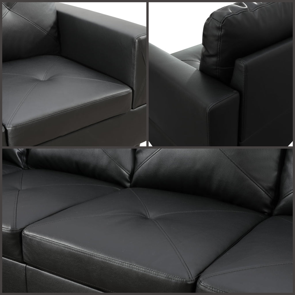 97" L-Shaped Sectional Sofa with Movable Chaise & Storage Ottoman, Leather 3-Piece Modular Convertible Couches, Black