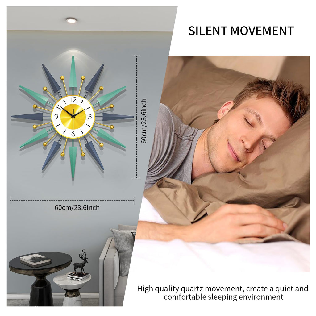 Large Modern Wall Clock Decor, 24 Inch Big Decorative Starburst Metal Wall Clock Battery Operated Bedroom