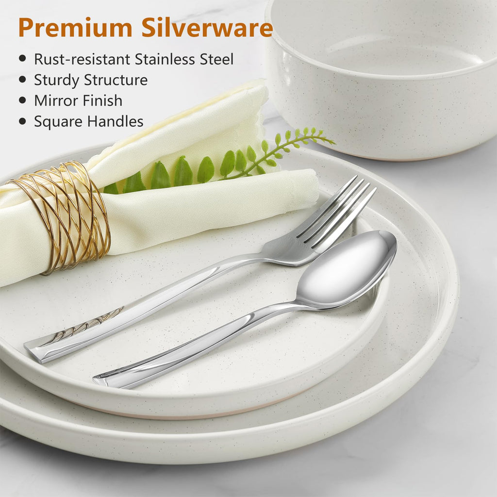 Square Silverware Flatware Set for 12, 60 Piece Stainless Steel Metal Cutlery Utensils Set, Mirror Polished Tableware