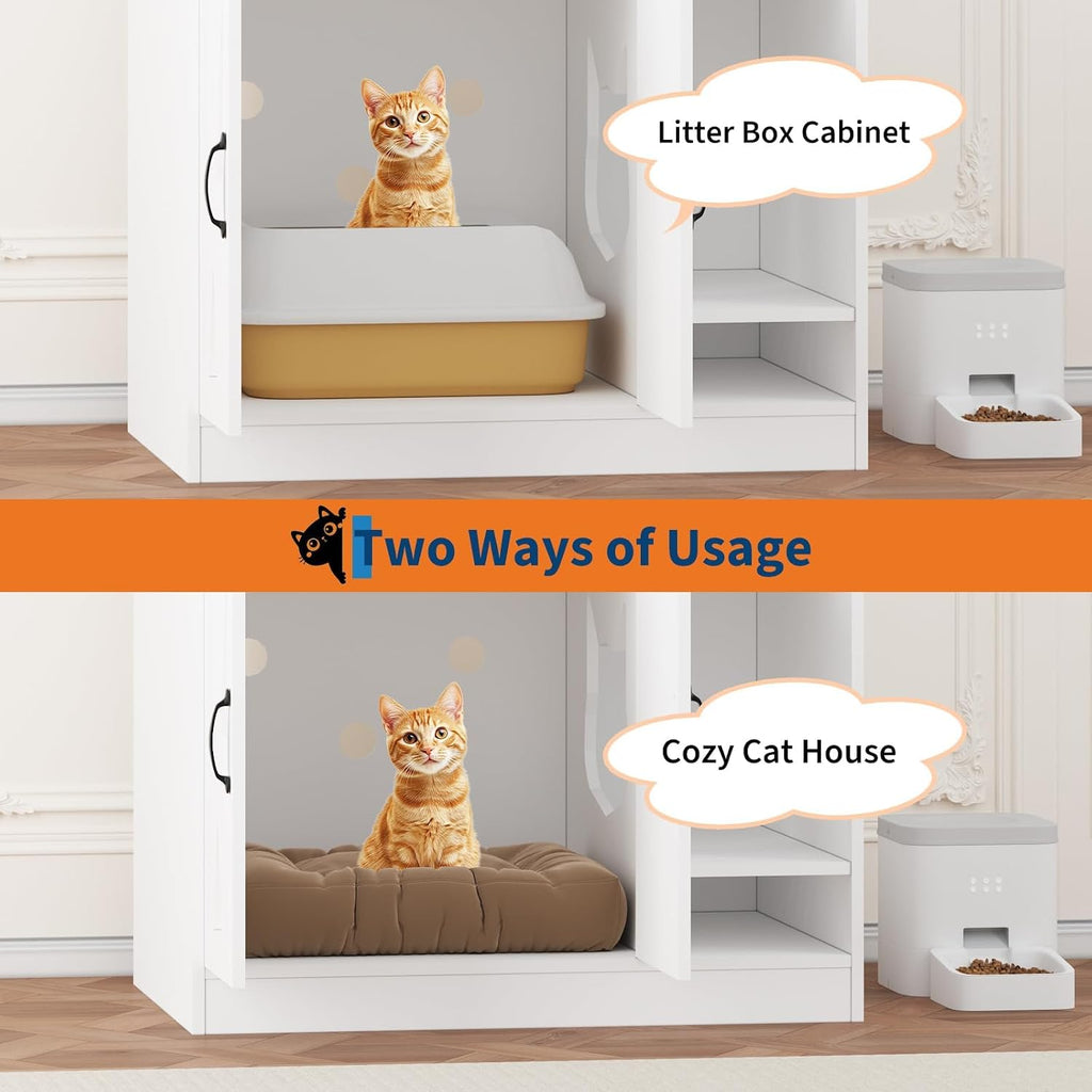 Large Wooden Cat Litter Box Enclosure, Hidden Litter Box Cabinet with Divider, Double Doors & Cat-Shaped Side Entry