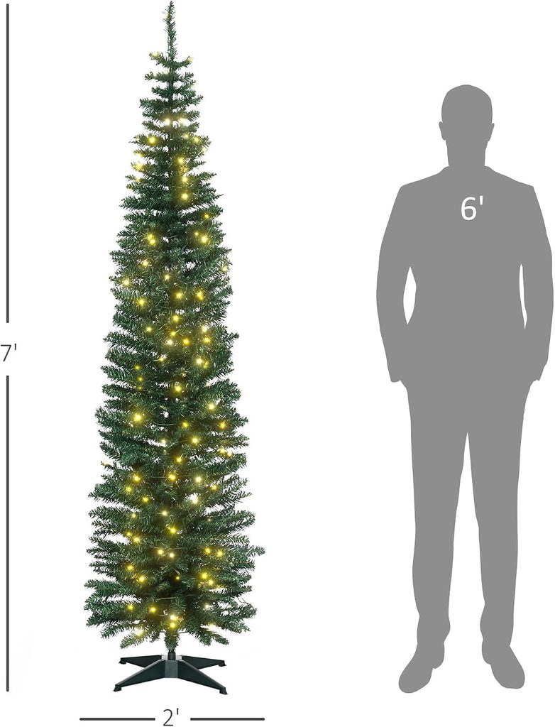 7' Tall Pre-Lit Slim Noble Fir Artificial Pencil Christmas Tree with 200 Warm White LED Lights and 499 Tips, for