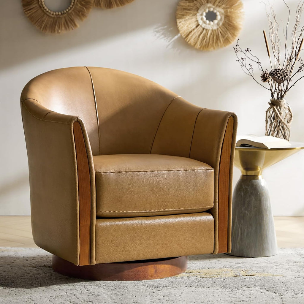 Leather Swivel Accent Chairs with Wood Base, Camel - Set of 2