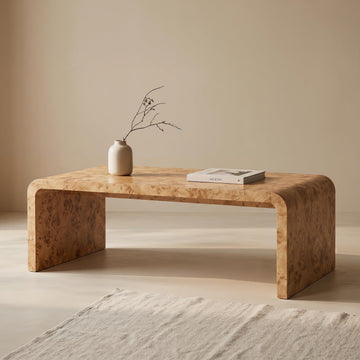 47" Burl Wood Look Coffee Table, Thick Waterfall Edge Wood