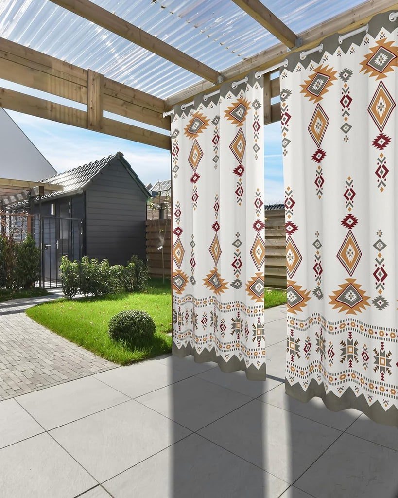 Outdoor Curtains Waterproof, Vintage Southwest Gray Boho Geometric Tribal Style Grommet Weatherproof Privacy Outsides
