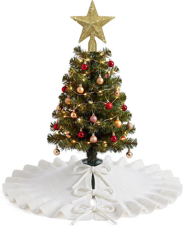 White Mini Christmas Tree Skirt 18" with Star Tree Topper - Set of 2