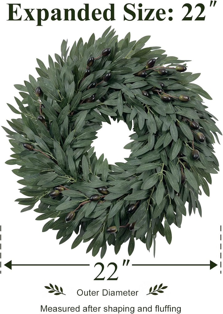 22 Inch Olive Wreath for Front Door, Spring Summer Wreaths for Front Door with Faux Grapevine Base, Artificial